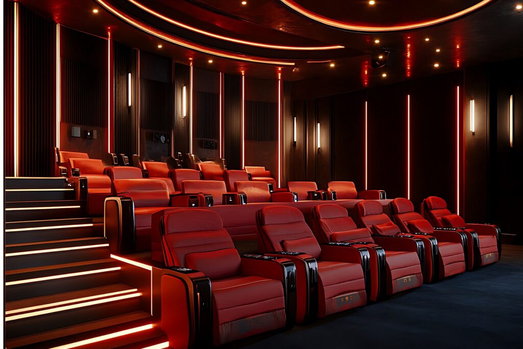 arafed auditorium with red seats and stairs and a row of seats