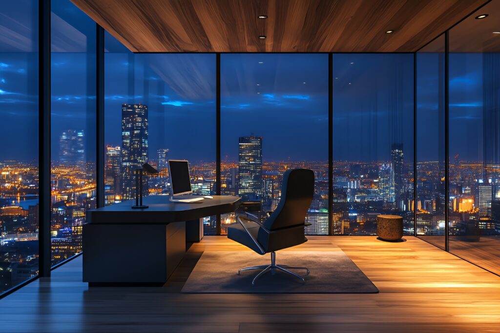 modern office with a view of a city skyline at night.